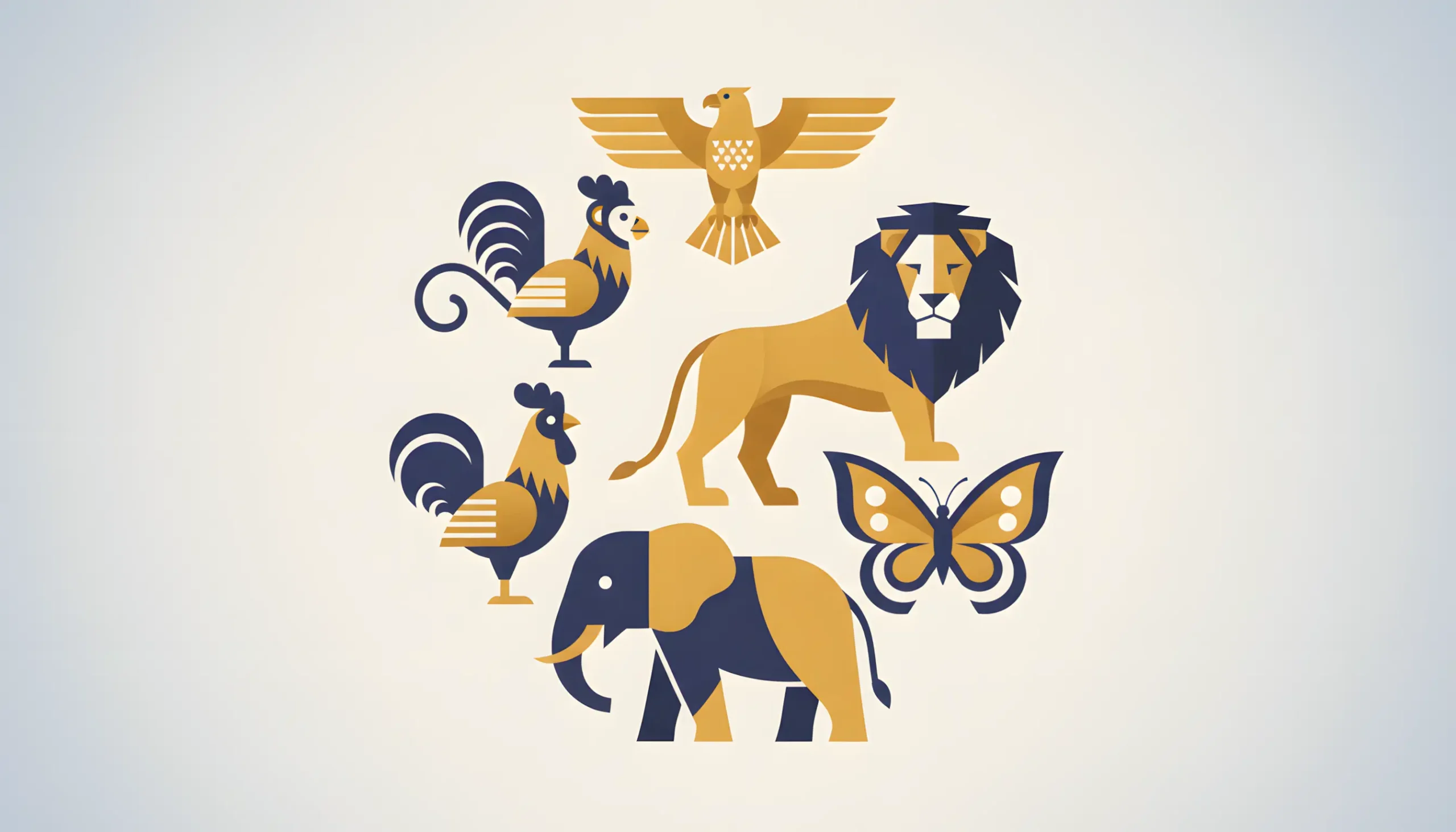 Ilustração elegante dos principais animais do jogo do bicho: águia, leão, borboleta, elefante, galo e macaco