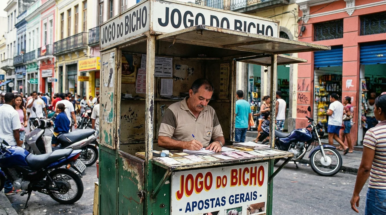 Ponto de apostas do jogo do bicho em uma rua movimentada do Rio de Janeiro contemporâneo