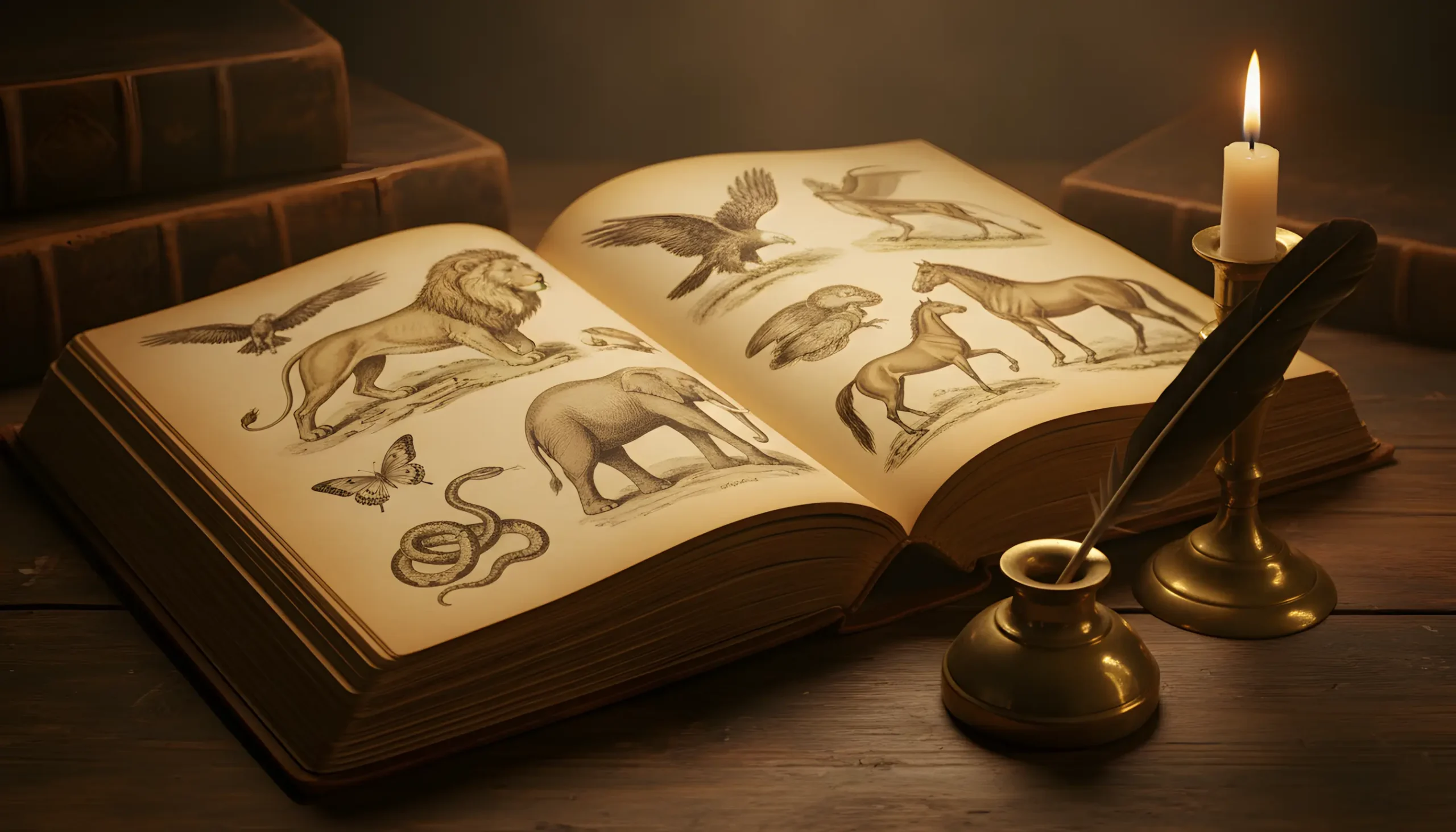 Livro antigo aberto com ilustrações de animais em estilo naturalista do século XIX evocando as origens do jogo do bicho