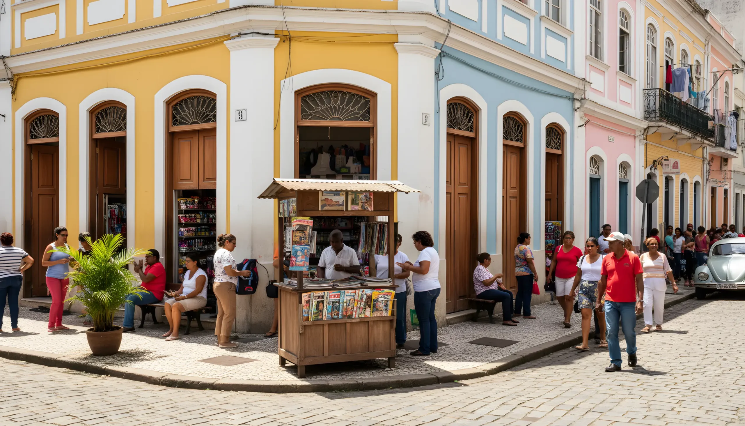 Rua comercial típica de bairro brasileiro com lojas coloridas e pessoas socializando representando a vida comunitária urbana