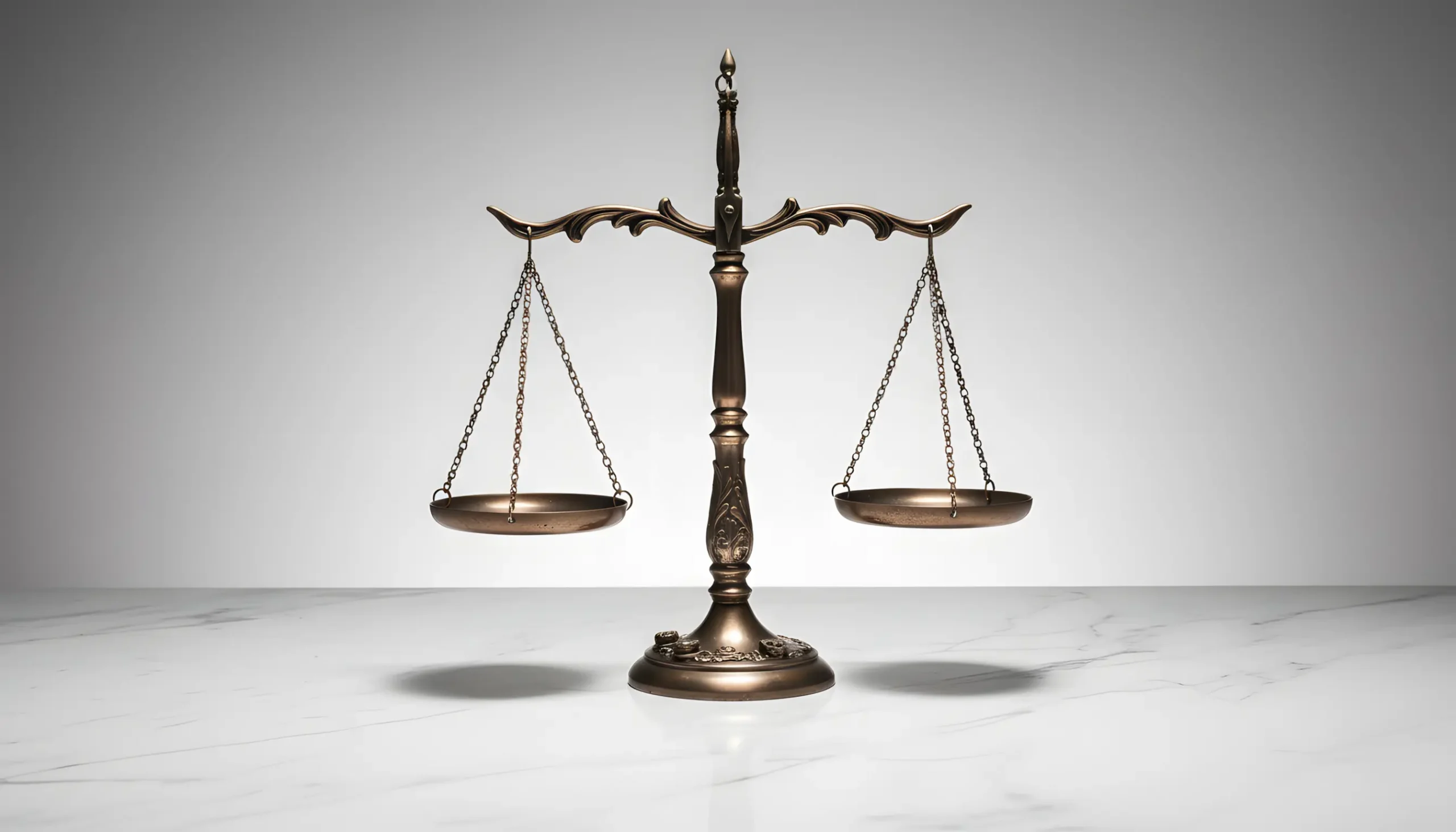 Balança da justiça em bronze perfeitamente equilibrada simbolizando a diferença entre contravenção e crime