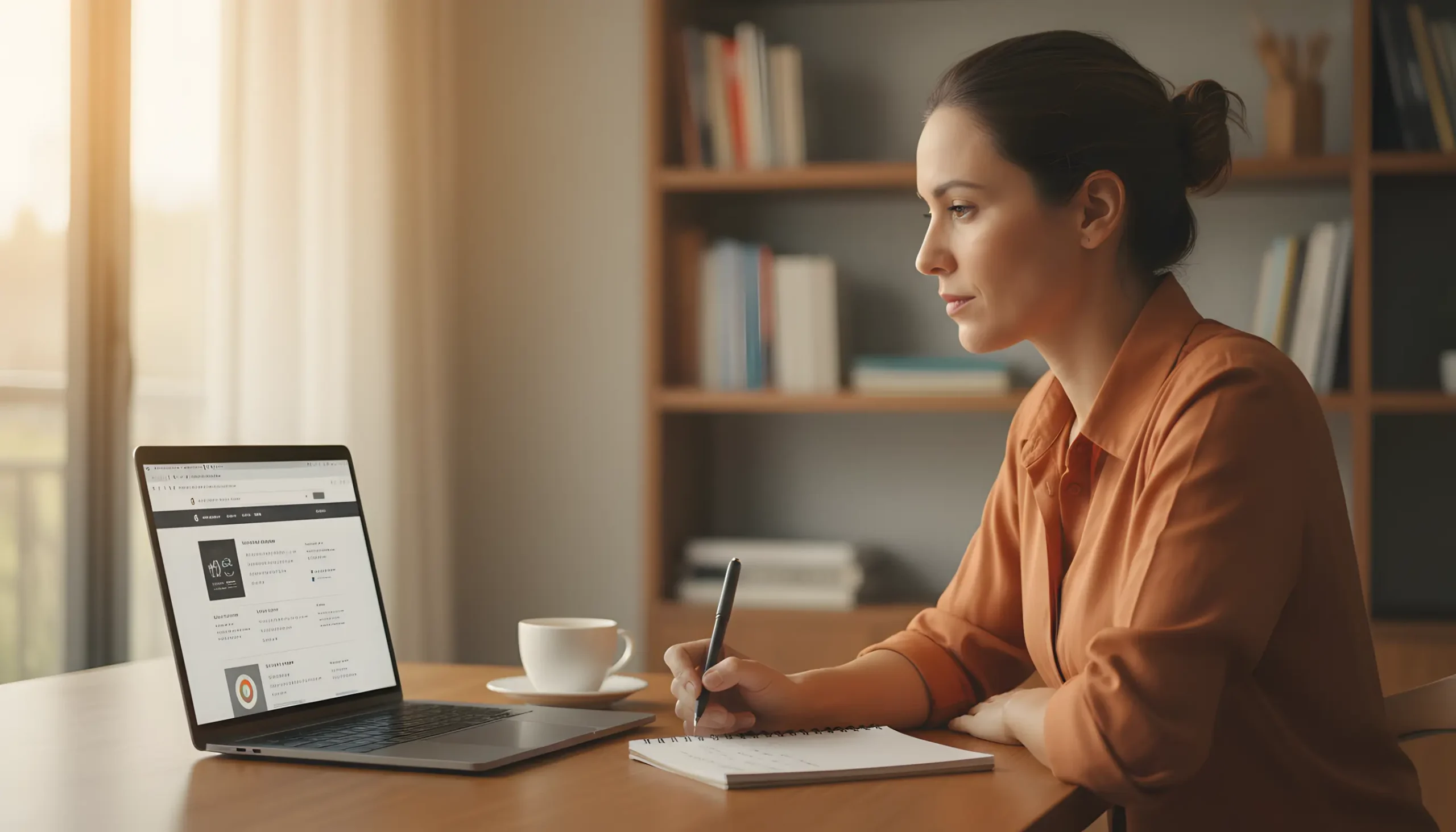 Pessoa brasileira pensativa em escritório doméstico pesquisando informações no laptop para tomar decisão informada sobre apostas