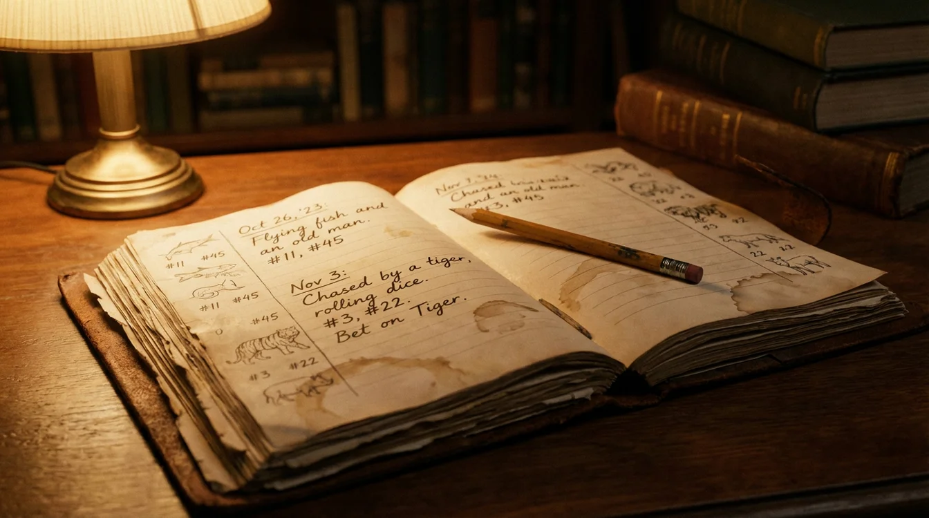 Caderno aberto com anotações manuscritas sobre sonhos e números correspondentes