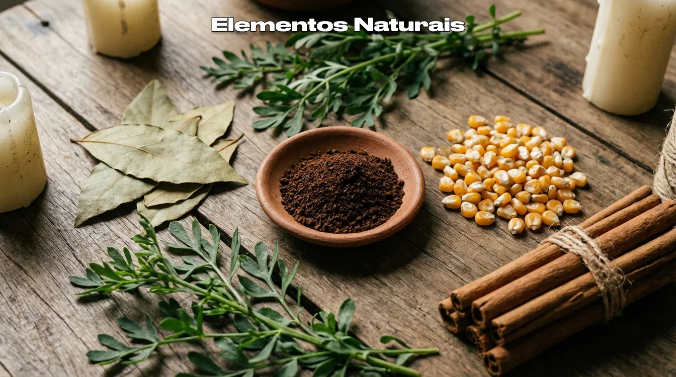 Folhas de louro, arruda e outros elementos naturais usados em simpatias