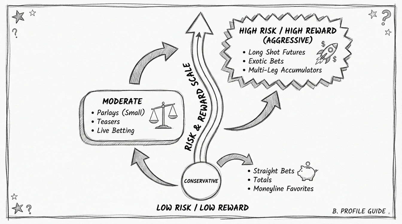 Diagrama visual mostrando diferentes modalidades de aposta e seus perfis de risco