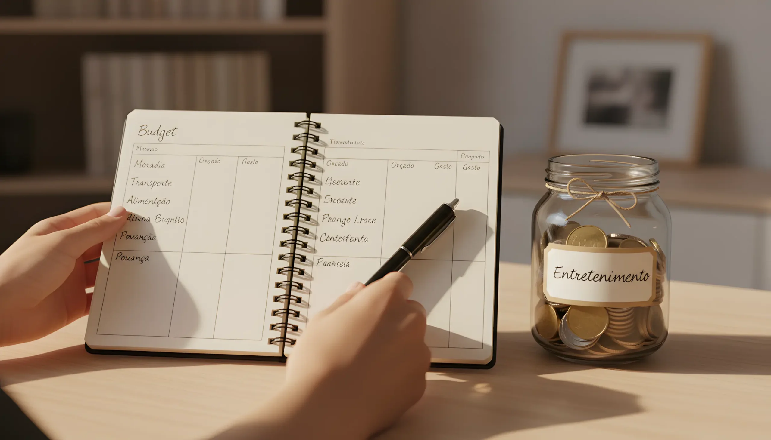Caderno de planejamento financeiro com orçamento organizado e pote de vidro rotulado entretenimento representando gestão responsável