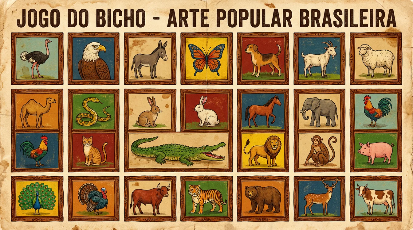 Ilustrações coloridas dos 25 animais do jogo do bicho organizados em grade decorativa