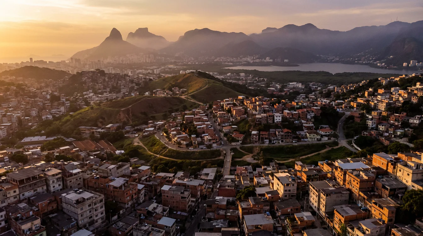 Vista panorâmica do Rio de Janeiro com morros e bairros da zona norte ao entardecer