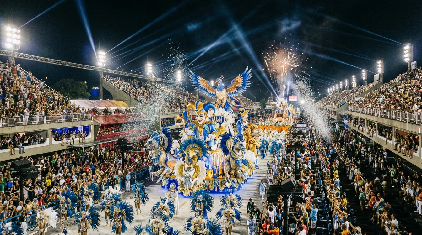 Desfile de escola de samba no Sambódromo do Rio de Janeiro com alegorias coloridas e passistas fantasiados