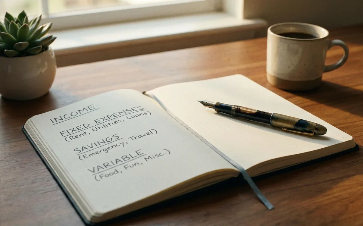 Caderno de planejamento financeiro com caneta sobre mesa organizada