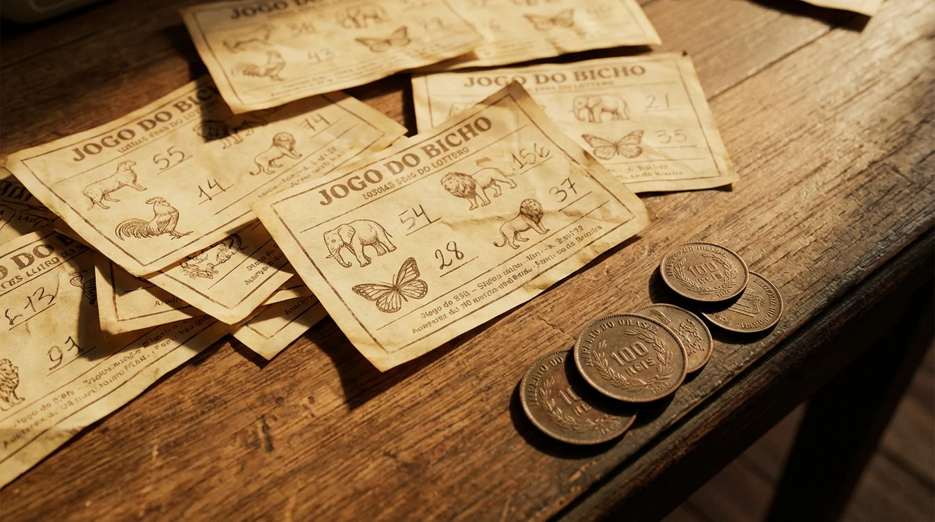 Bilhetes antigos do jogo do bicho com desenhos de animais espalhados sobre uma mesa de madeira envelhecida