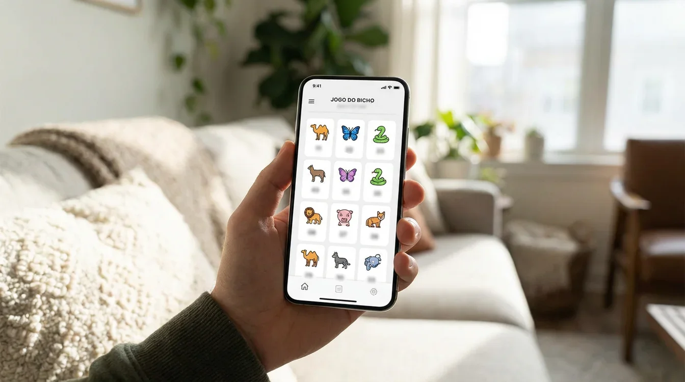 Smartphone mostrando interface de apostas com símbolos do jogo do bicho