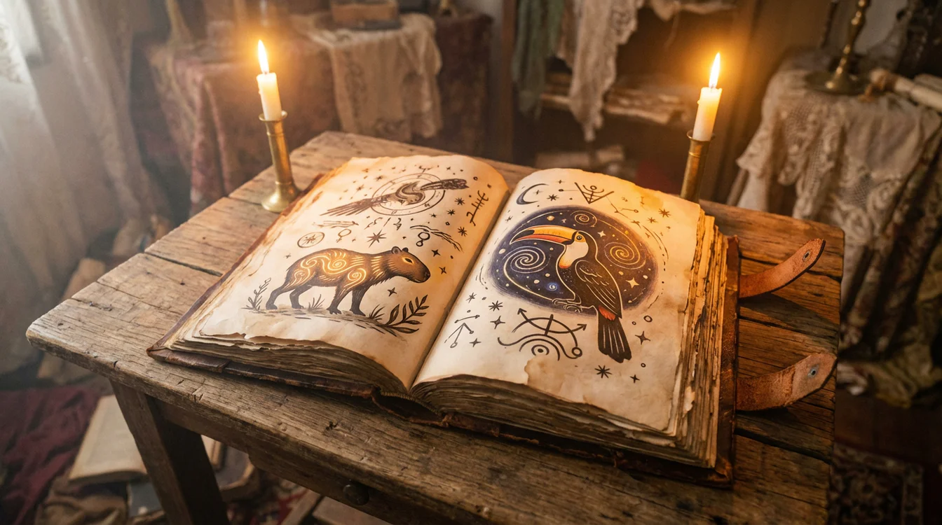 Livro antigo aberto com ilustrações de animais e símbolos místicos