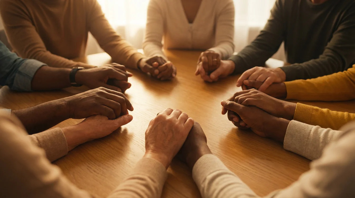 Mãos unidas em círculo representando grupo de apoio e comunidade