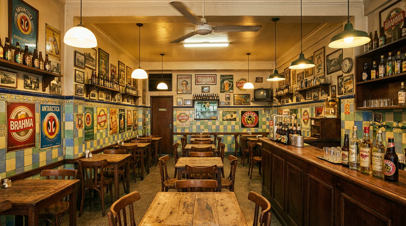 Interior de um botequim carioca tradicional com mesa de madeira, cadeiras e decoração típica brasileira