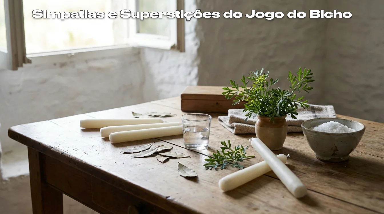 Mesa com elementos de simpatias populares como velas, folhas e ervas