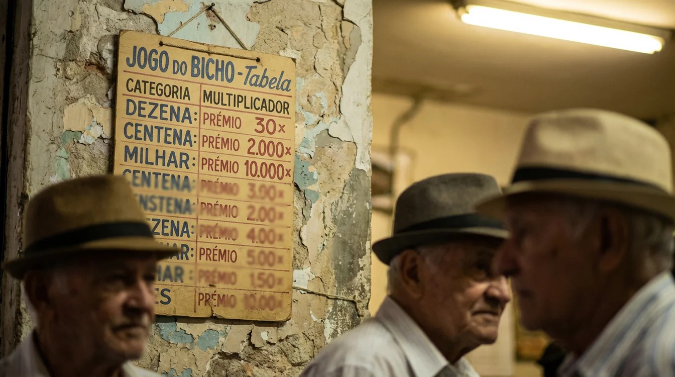 Quadro de referência com valores de premiação do jogo do bicho em parede de estabelecimento