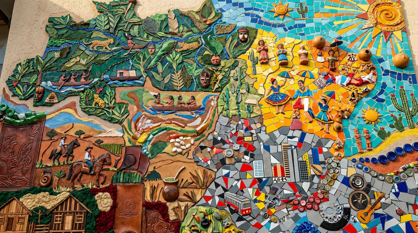 Mosaico colorido representando diferentes regiões do Brasil com elementos culturais diversos