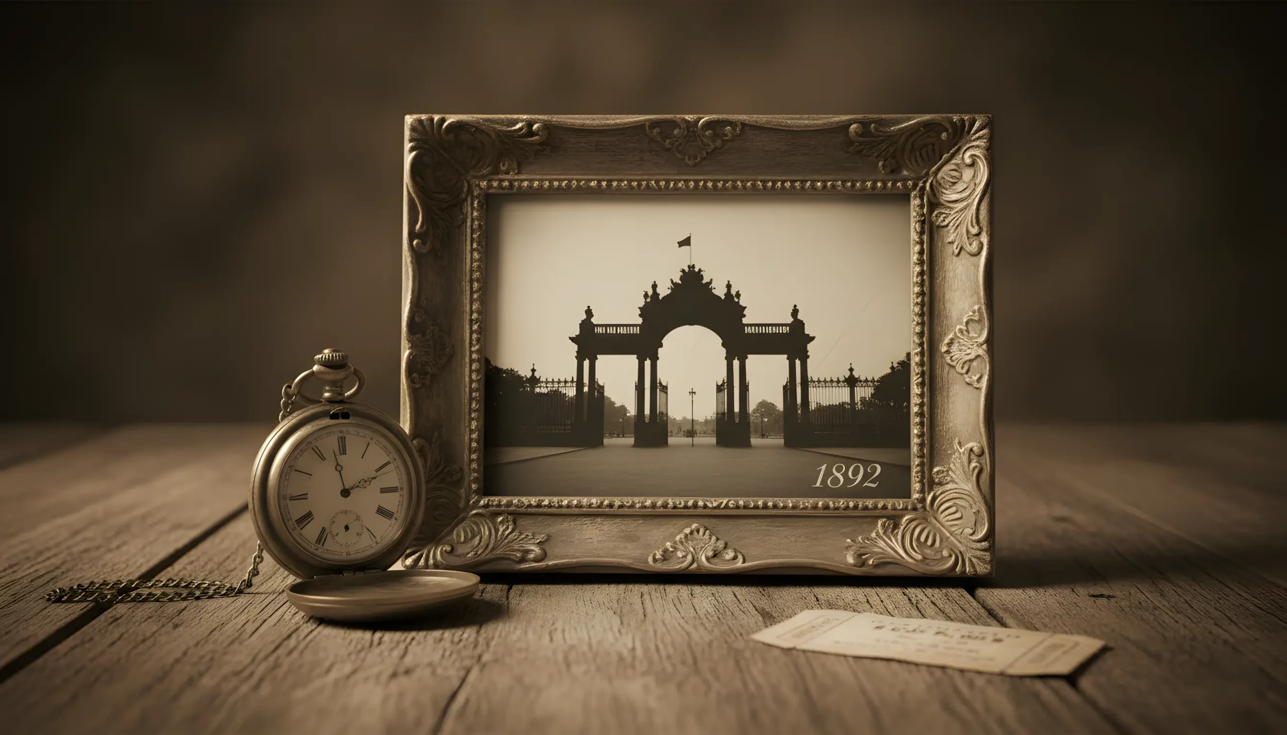 Fotografia antiga emoldurada mostrando entrada de zoológico do século XIX evocando as origens históricas do jogo do bicho