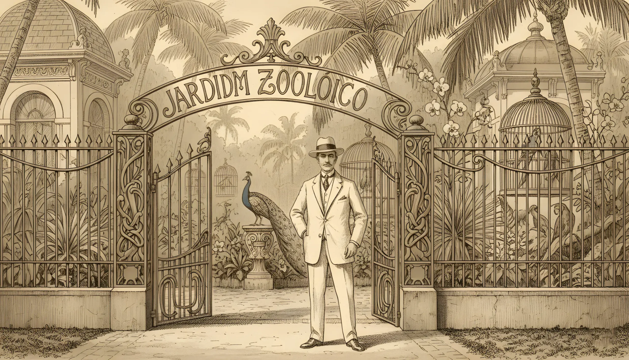 Ilustração histórica do Rio de Janeiro em 1892, mostrando o jardim zoológico onde nasceu o jogo do bicho