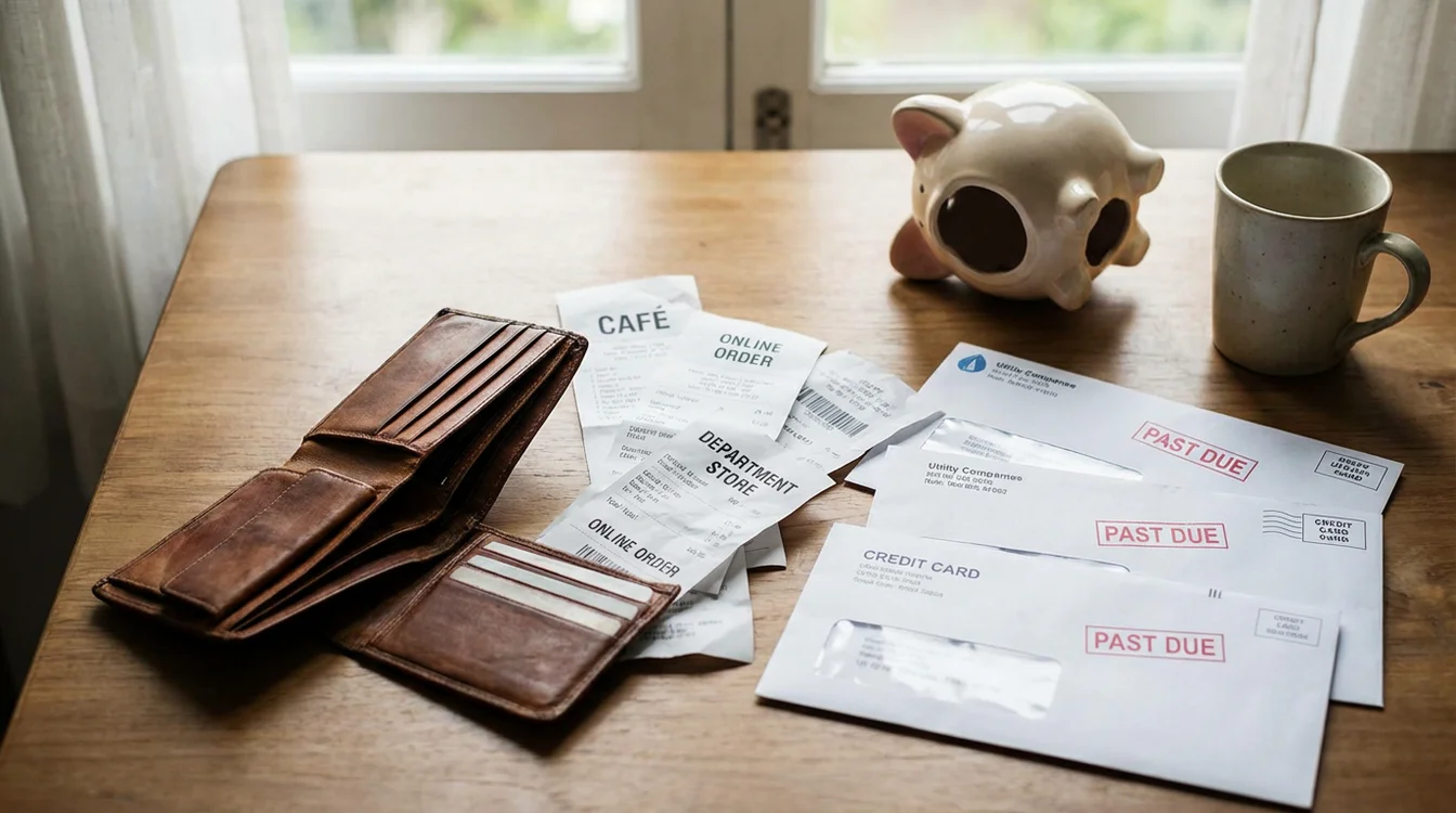 Carteira vazia ou contas espalhadas sobre mesa representando dificuldades financeiras