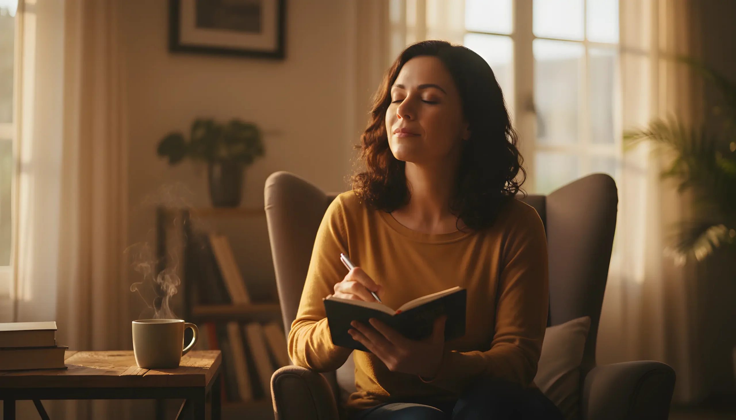 Pessoa brasileira contemplativa segurando caderno de anotações refletindo sobre seus sonhos pela manhã