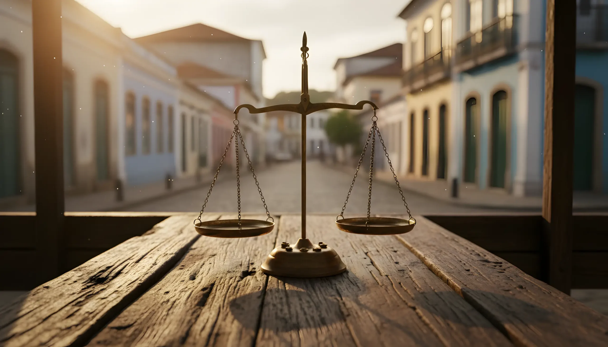 Balança da justiça em bancada tradicional brasileira representando o dilema legal do jogo do bicho