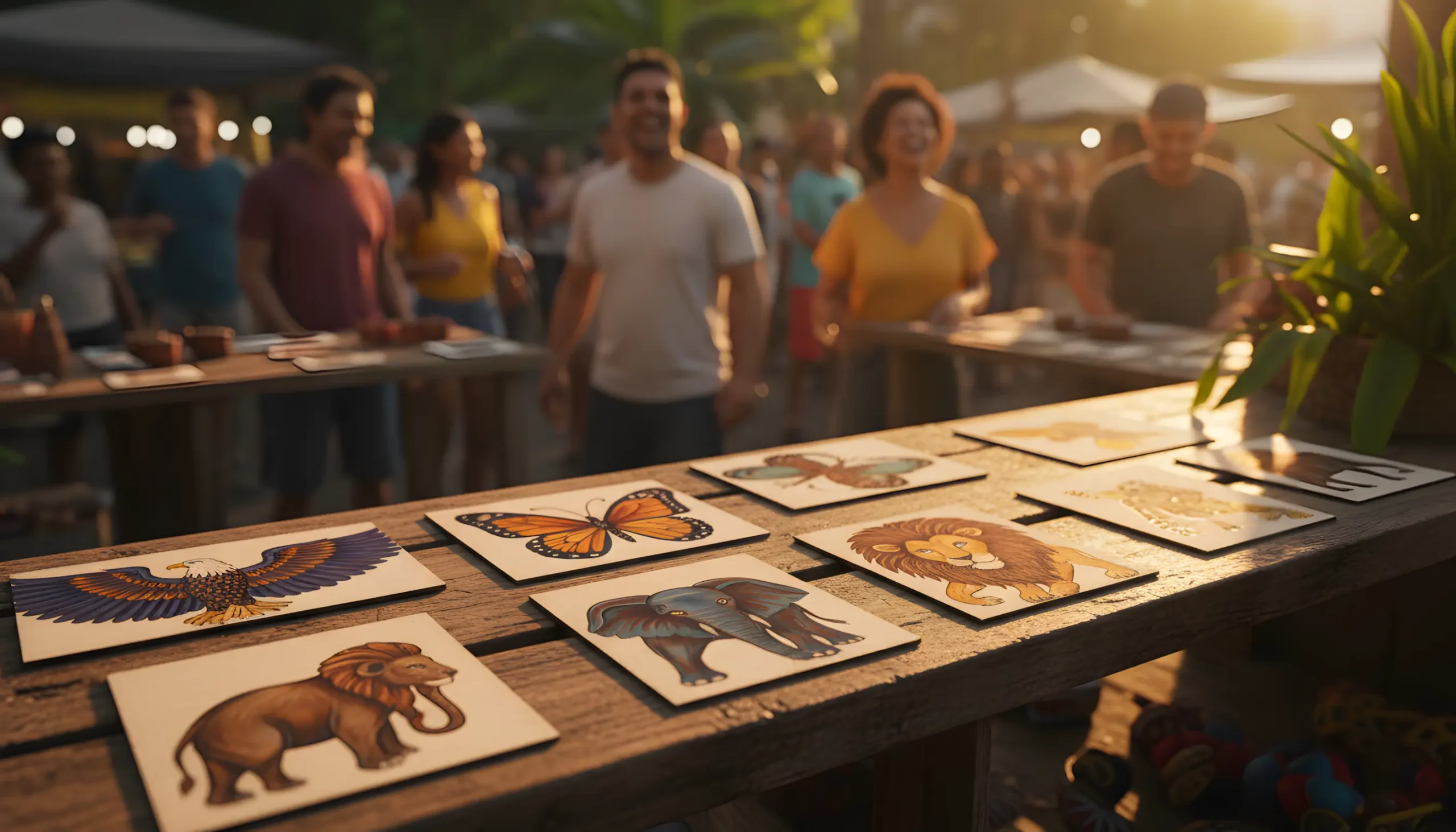 Cena tradicional de jogo do bicho com cartas ilustradas de animais em ambiente brasileiro acolhedor