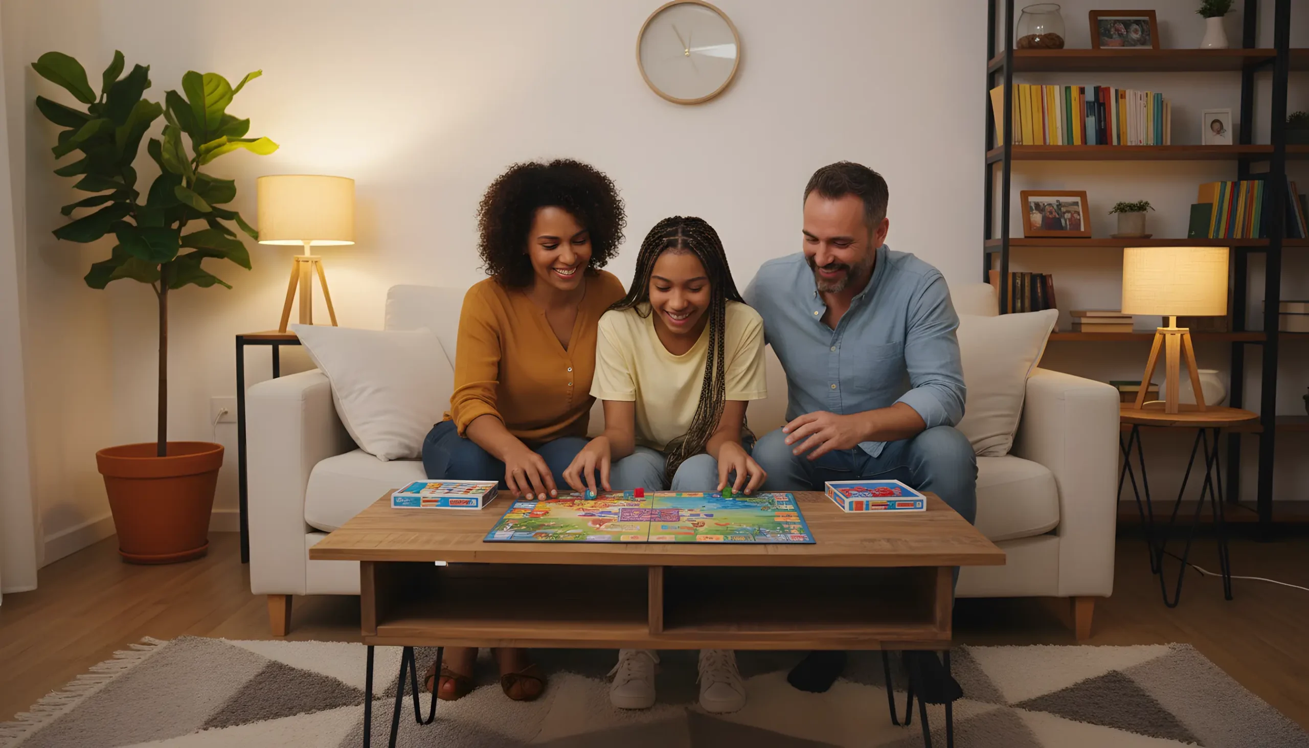 Família brasileira feliz passando tempo de qualidade juntos, representando equilíbrio e prioridades saudáveis
