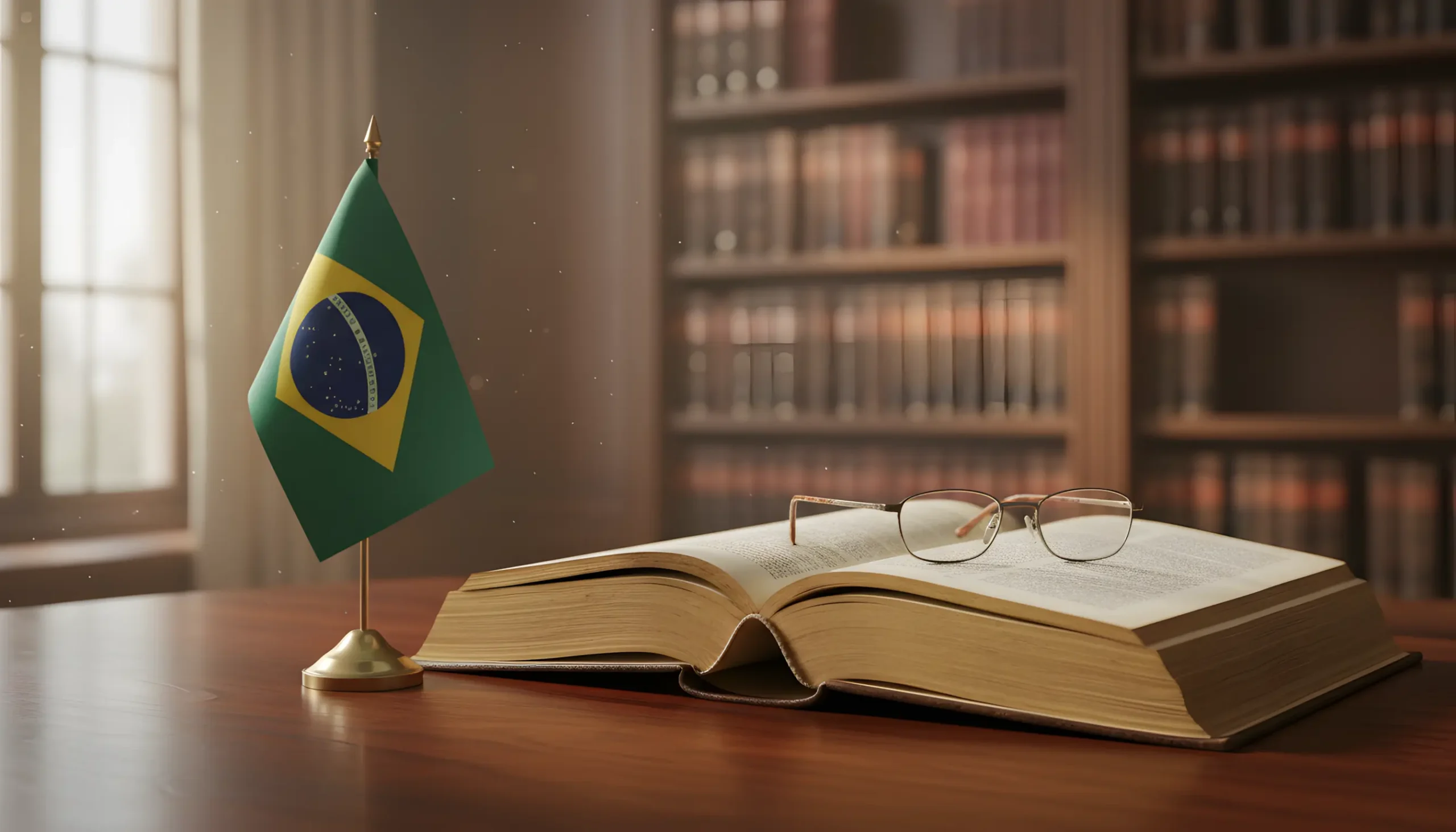 Livro de lei antigo aberto sobre mesa de madeira com óculos de leitura e bandeira do Brasil representando legislação brasileira