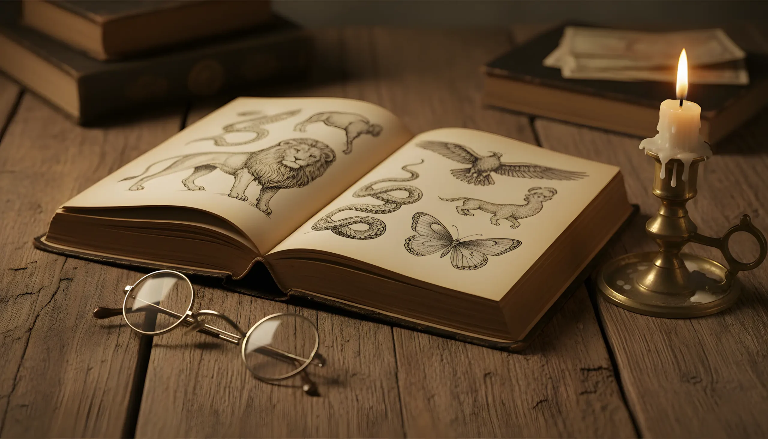 Livro antigo de interpretação de sonhos aberto com ilustrações de animais à luz de velas representando a tradição brasileira