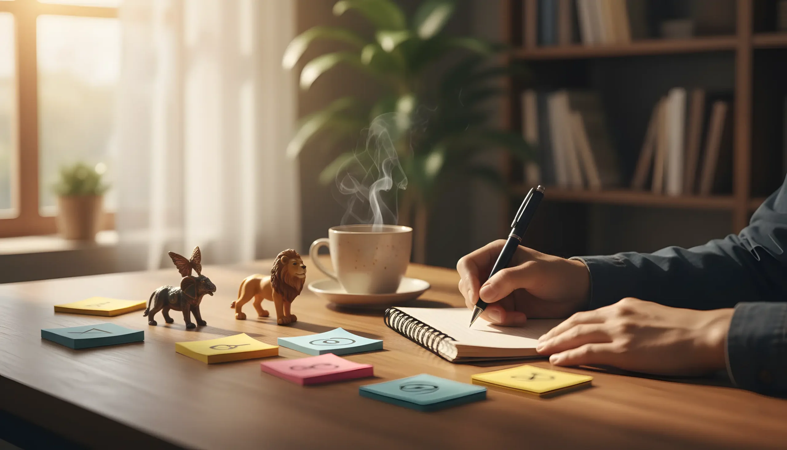 Cena de estudo com caderno de anotações, post-its coloridos e miniaturas de animais para memorização da tabela do jogo do bicho