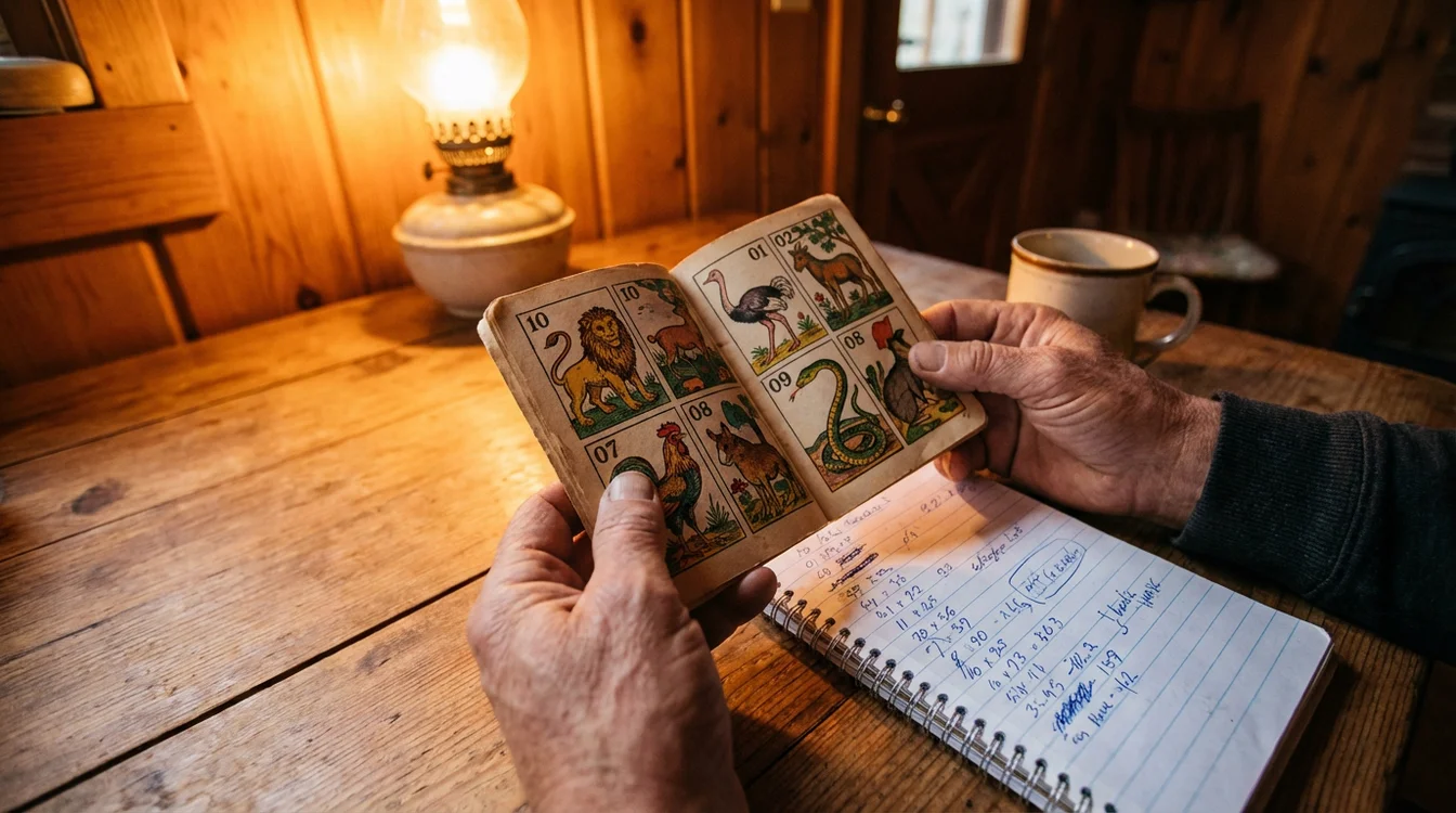 Pessoa estudando uma lista ilustrada dos animais do jogo do bicho com anotações