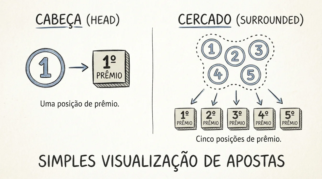 Ilustração mostrando a diferença entre apostas na cabeça e cercado no jogo do bicho