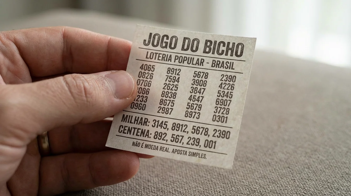 Comprovante de aposta do jogo do bicho mostrando números de centena e milhar