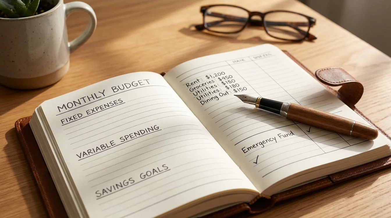 Caderno de planejamento financeiro com categorias de gastos organizadas