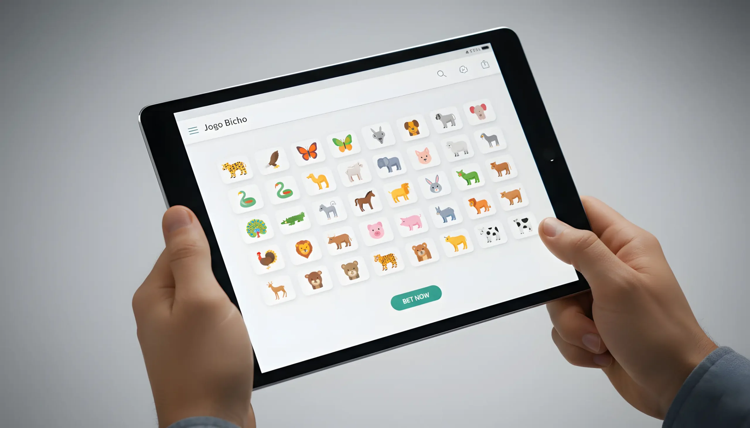 Interface de plataforma digital de apostas do jogo do bicho mostrando os 25 animais tradicionais no tablet