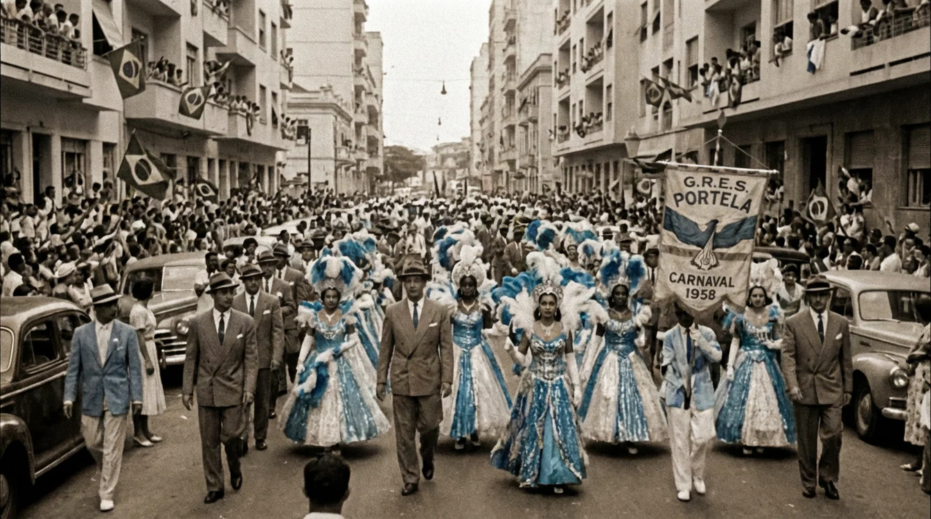Desfile histórico da escola de samba Portela com componentes vestindo fantasias azuis e brancas