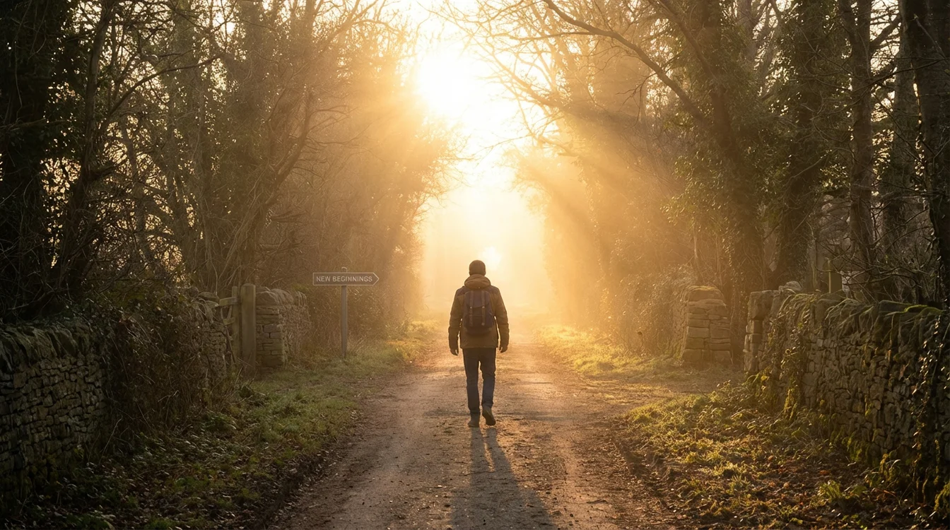 Pessoa caminhando em direção à luz, simbolizando o início de uma nova jornada