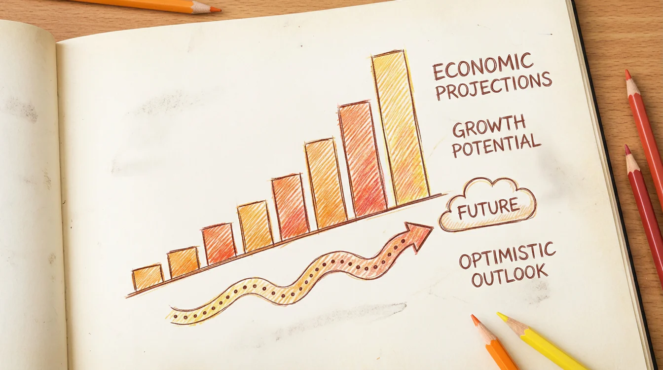 Gráfico estilizado mostrando projeções de crescimento econômico