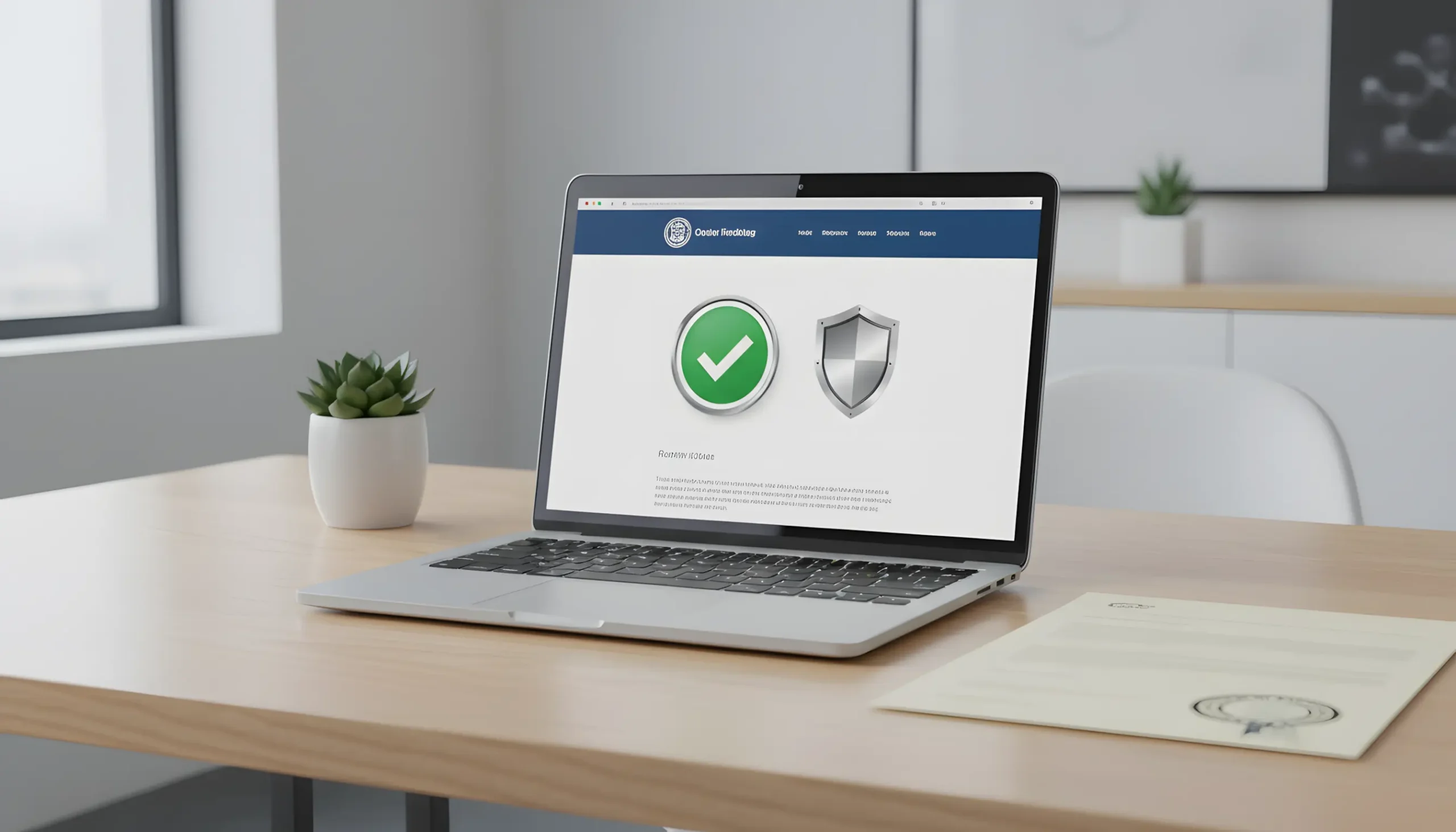 Laptop mostrando plataforma regulamentada de apostas online com selo de verificação e documento oficial com carimbo