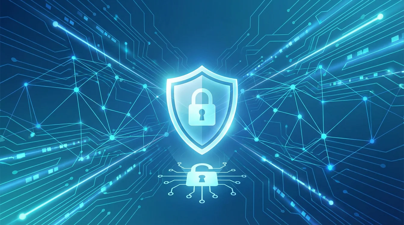 Ícones de segurança digital como cadeado e escudo sobre fundo tecnológico