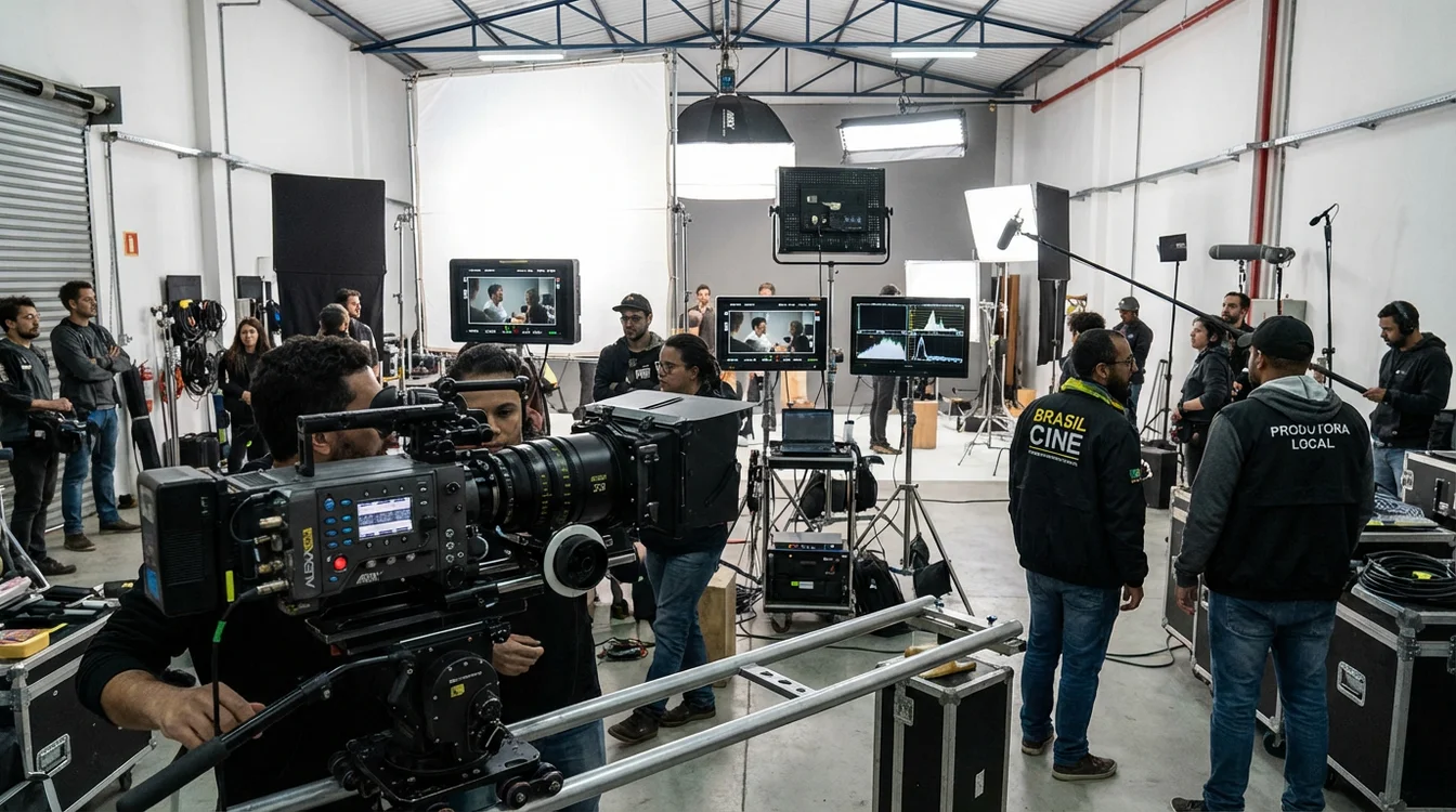 Equipamento de filmagem profissional em um set de produção cinematográfica brasileira