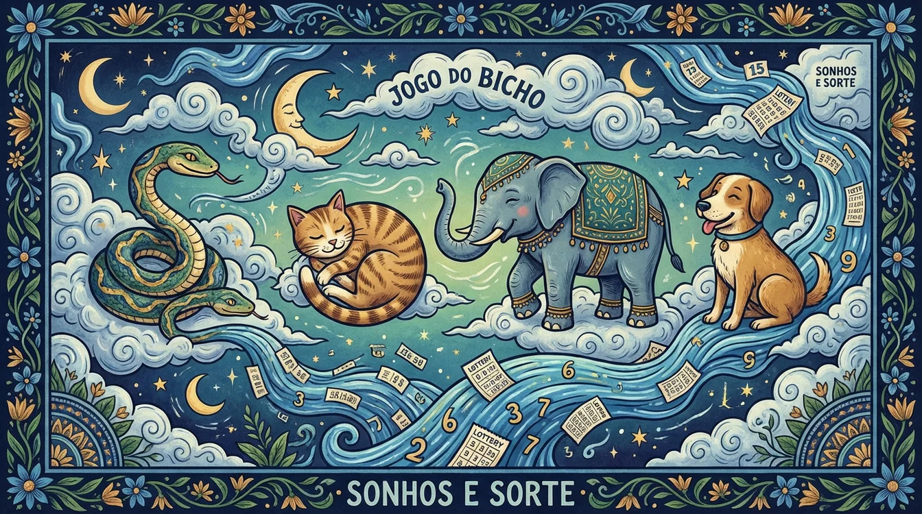 Ilustração artística mostrando animais do jogo do bicho cercados por elementos oníricos