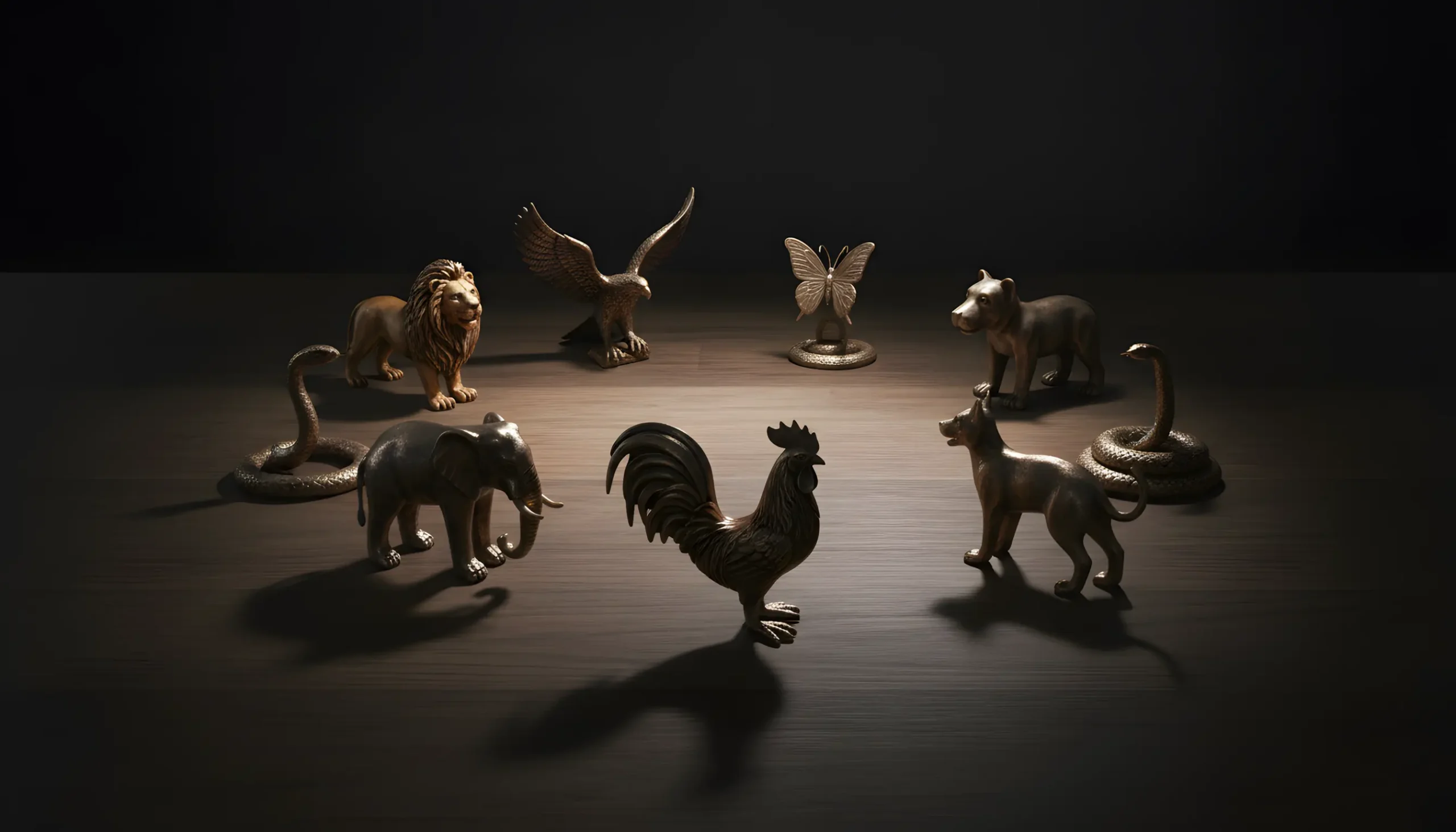 Arranjo circular de miniaturas de animais do jogo do bicho representando o sistema de símbolos e associações