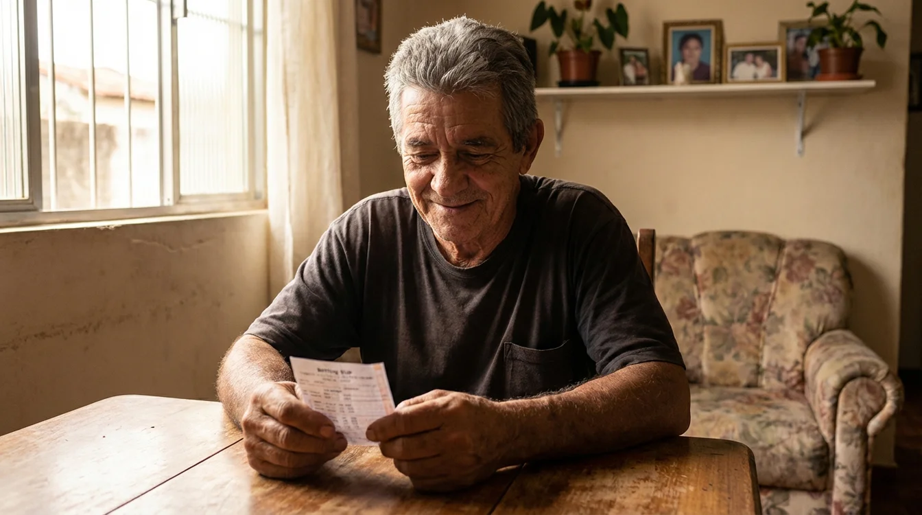 Pessoa olhando pensativa para um bilhete de aposta nas mãos