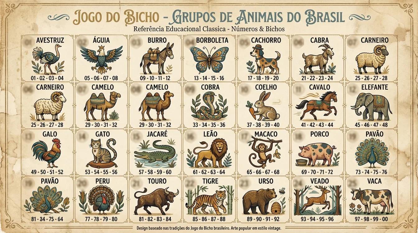 Tabela ilustrada mostrando os 25 grupos de animais do jogo do bicho com seus números correspondentes