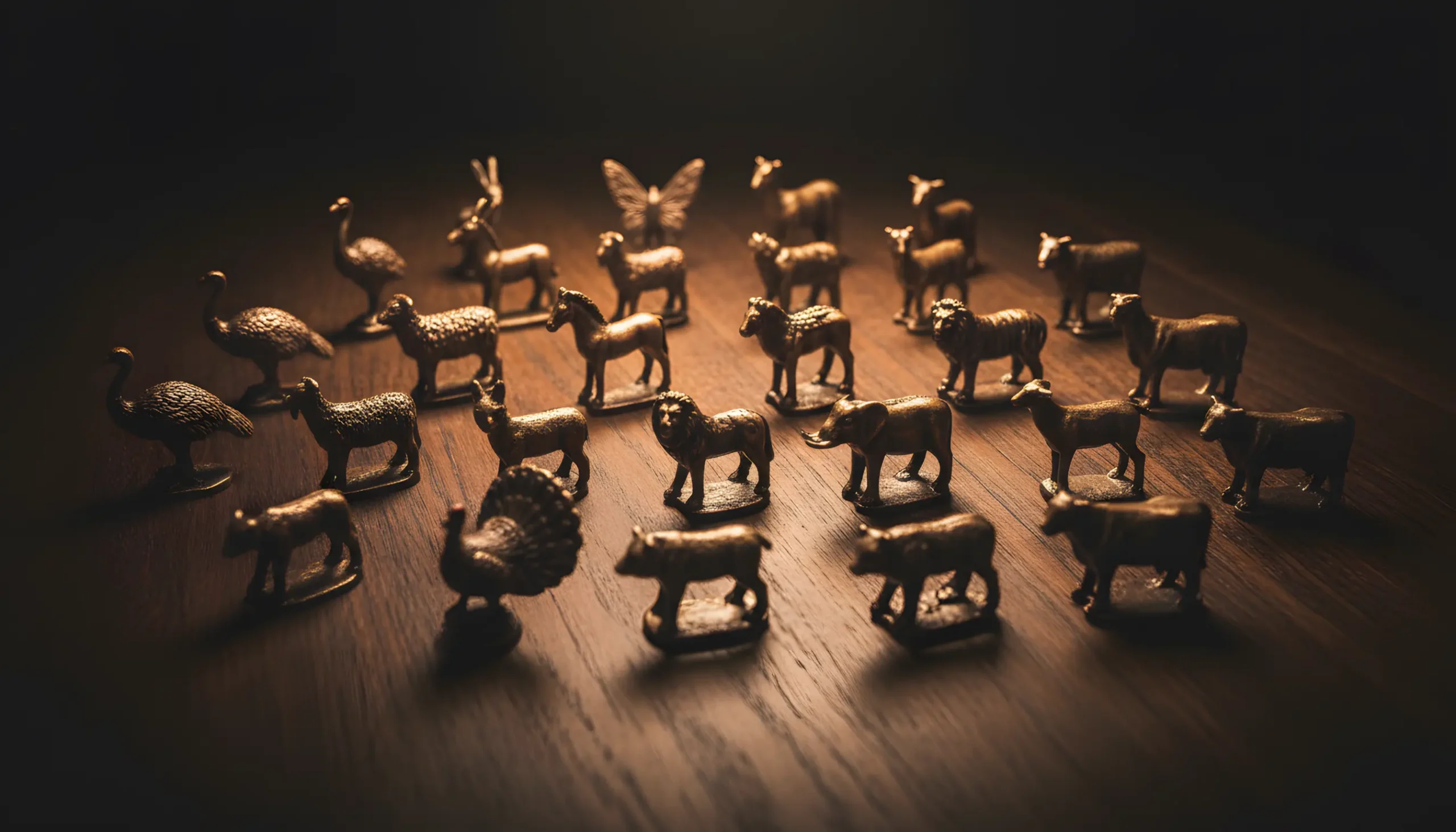 Coleção elegante de 25 miniaturas de animais em bronze representando a tabela completa do jogo do bicho brasileiro