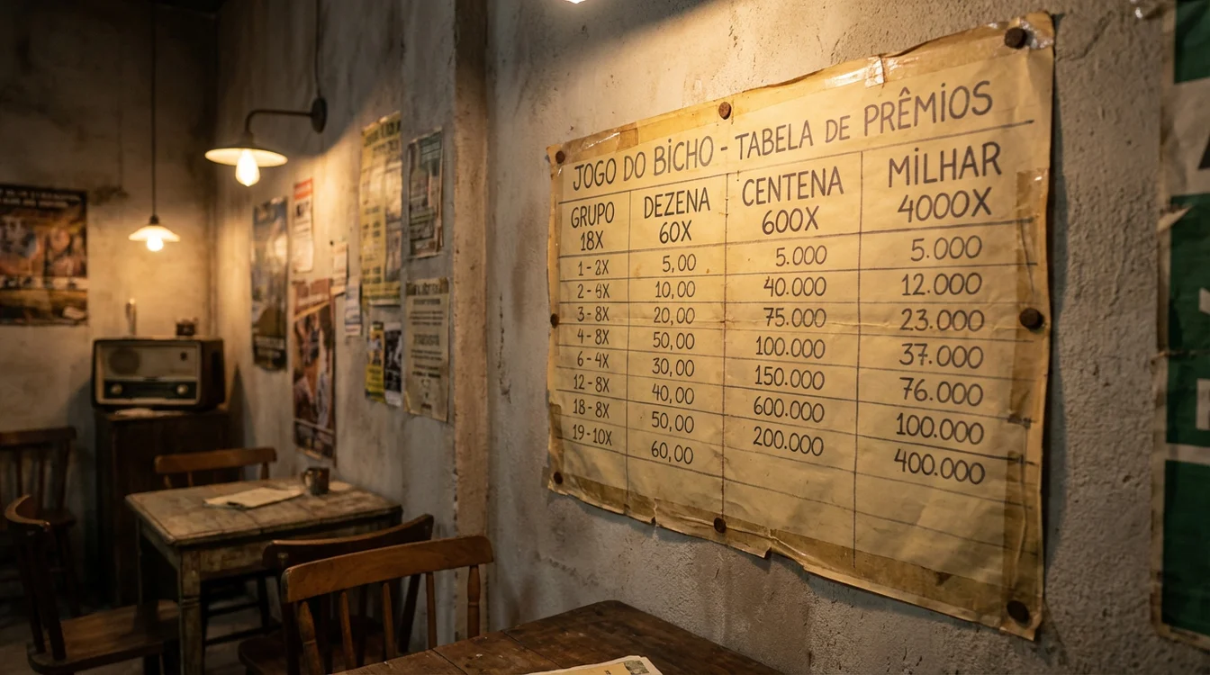 Quadro informativo mostrando tipos de apostas e valores de premiação do jogo do bicho