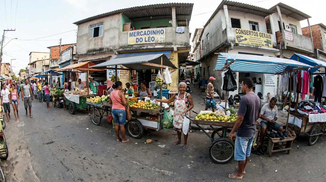 Cena de trabalho em ambiente urbano brasileiro representando economia informal